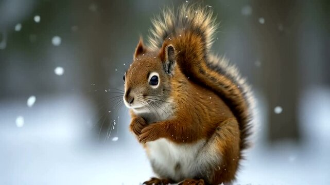 Squirrel in winter snowfall