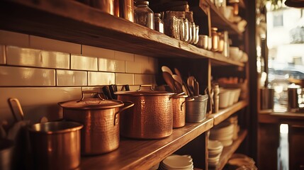 Fototapeta premium Copper Pots on Wooden Shelves in Kitchen Storage Still Life