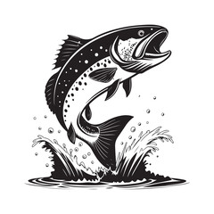 Black and white fish and shark vector illustration with ocean and tribal design elements