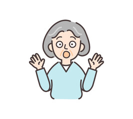 驚いた表情で両手を広げる高齢女性のイラスト