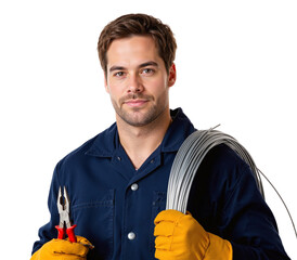 A skilled electrician stands confidently, holding pliers in one hand and a roll of wire in the other on a transparent background