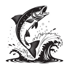 Black and white vector illustration of a tropical fish with underwater and fishing design elements