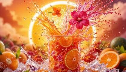 Vibrant Orange Splash Drink Can with Citrus Slices, Flowers, Sunset Sky, and Ice Fresh Summer Beverage Explosion Art