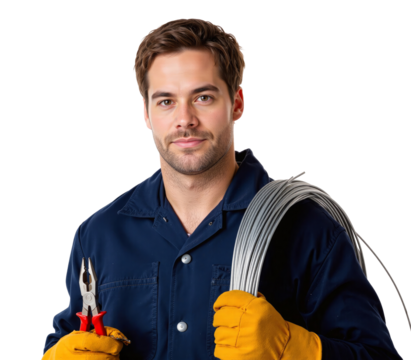 A skilled electrician stands confidently, holding pliers in one hand and a roll of wire in the other on a transparent background