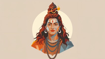 Polygonal portrait of a serene Lord Shiva with a crescent moon in his top-knot hair.