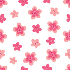 Seamless Hand Drawn Cherry Blossom Flowers Pattern Design White Background