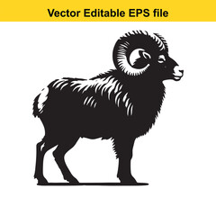 Majestic ram silhouette, vector illustration, black and white, side profile, large horns, wild animal, nature graphic