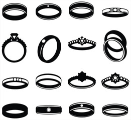 Vector Ring Set Collection: Classic and Modern Diamond Rings, Wedding Bands, and Engagement Jewelry Outlines, Ideal for Design Projects, E-commerce Displays, and Elegant Digital Illustrations.