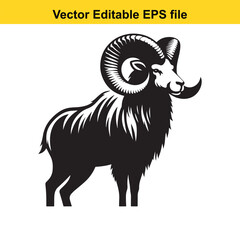 Majestic Ram with Large Curving Horns: A Black and White Vector Illustration