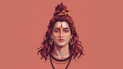 Polygonal portrait of Lord Shiva against a solid red background, modern vector art.