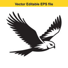 A black and white vector illustration of a hawk in flight