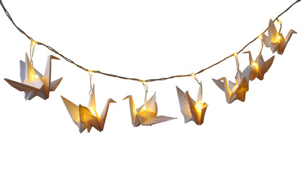 String lights with hanging origami cranes, minimalist decor white