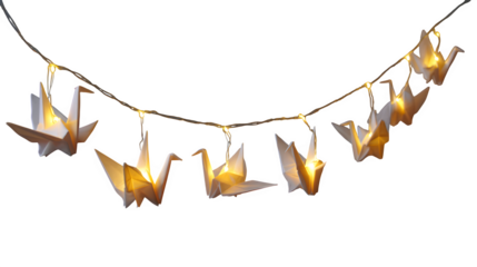 String lights with hanging origami cranes, minimalist decor white