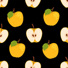 Seamless pattern with yellow apples. Apple set of whole yellow apple, half an apple and a slice of apple. Hand drawn flat vector illustration on black background.