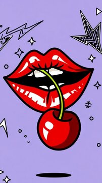 Pop art lips with a cherry on a purple background feature geometric shapes and stars. Concept of vibrant artistic expression and retro creativity.