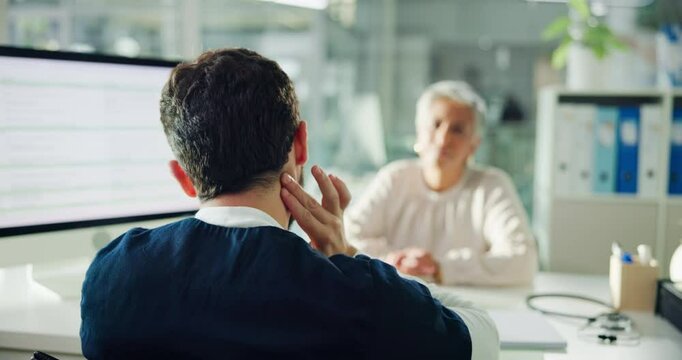 Doctor, neck and woman in consultation with symptoms of migraine, tension headache or medical advice. Healthcare, professional and patient in clinic for health assessment, questions or treatment plan