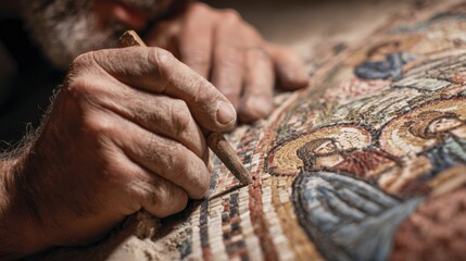 Closeup of a restorer carefully reattaching a small piece of mosaic to a massive, ancient mural depicting scenes from the life of Jesus.