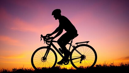 Sunset silhouette of cyclist, bicycle wheels blurred, bike, image