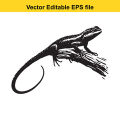 A black and white vector illustration of a lizard on a branch