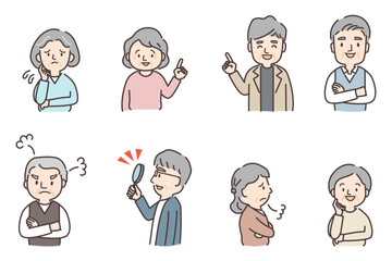 さまざまなポーズの高齢男女のイラストセット