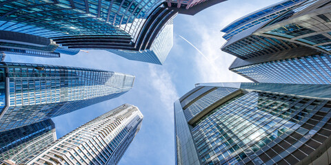 Frankfurt skyline skyscrapers with banks modern work office buildings panorama in Frankfurt, Germany