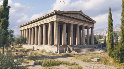 Fototapeta premium Ancient Greek Temple, Majestic Ruins under Sunny Sky