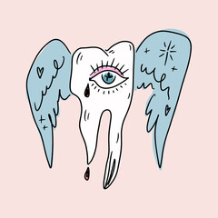 Cute fairy tooth fantasy magic vibe fairytale character. Oral care groovy hippie concept, mouth hygiene hand-drawn art, teeth restoration doodle cartoon vector illustration clipart