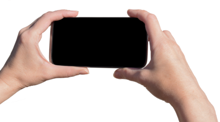 Girl Holding Smartphone With Blank Screen In Hand, on transparent, png. hand with black smartphone. communication
