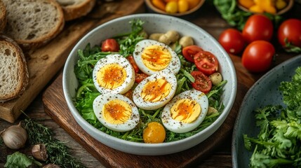 Freshly prepared egg salad with greens and vegetables