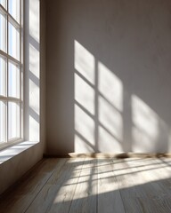 Obraz premium Sunlight streams through a window, casting geometric shadows on a textured wall and wooden floor in a minimalist, empty room