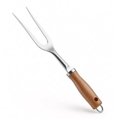 A metallic kitchen fork with two prongs and a wooden handle is elegantly arranged