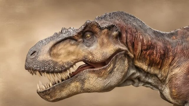 A large dinosaur head dominates the frame Its textured skin displays earthy tones A powerful jawline is visible against a blurred tan background creating a sense of prehistoric might