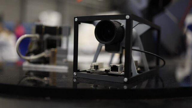 Compact satellite camera module mounted in open cube frame with exposed connectors and precision lens placed on glossy surface demonstrates aerospace imaging tech in early development or testing phase