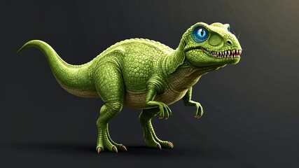 Cartoonish green dinosaur with bright blue eye on grey backdrop - Powered by Adobe