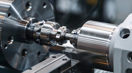 Close-up of a lathe turning operation showcasing a metal workpiece being shaped by a cutting tool, with chips flying and coolant spraying. The lathe's spindle rotates the workpiece while the tool hold