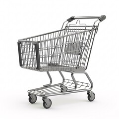 An empty metallic grocery cart stands elegantly, showcasing its simple design,