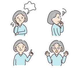 さまざまなポーズのシニア女性イラストセット