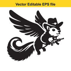 A flying squirrel with wings, a cowboy hat, and a gun
