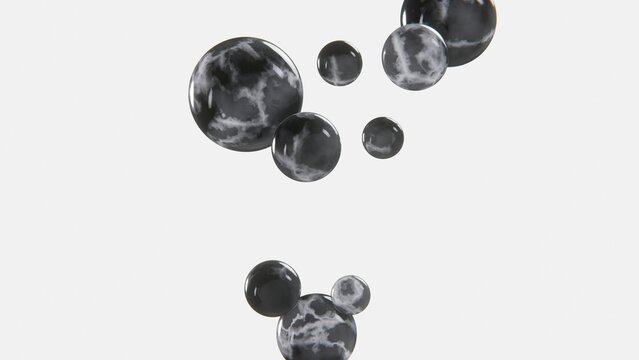 3D horizontal image render black marble sphere bubbles white background texture smooth dynamic modern design visual elegance project artistic abstract graphics style aesthetic movement composition