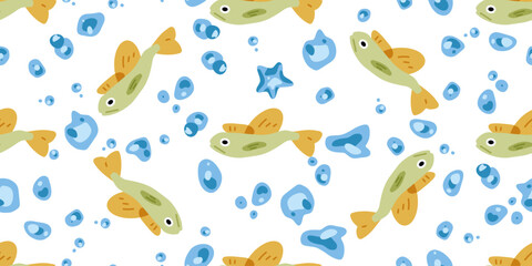 Seamless Cartoon Fish Water Pattern. Playful seamless pattern with cartoon fish, water drops, and bubbles. Flat style, bright summer colors, isolated on white background.