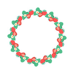 Simple red strawberry wreath. Round seasonal berry border. Garden decoration. Round strawberry frame. Floral wreath. Summer background For poster, banner, cover, invitation. Vector flat illustration.