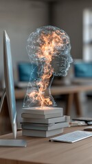 AI holographic head with fiery neural network above stacked books