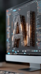 3D glowing AI letters on computer screen with code background