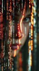 Human face behind glowing digital code lines with cyber effects