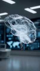 Digital neural network brain hologram floating in futuristic control room