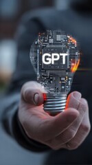 Hand holding light bulb with GPT microchip and glowing circuits