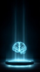 Glowing digital brain hologram emerging from futuristic platform