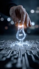 Human hand placing glowing digital light bulb over a futuristic microchip