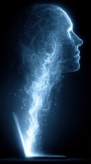 Holographic head made of light emerging from a laptop