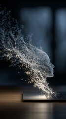 Digital particle head emerging from laptop in a dark room
